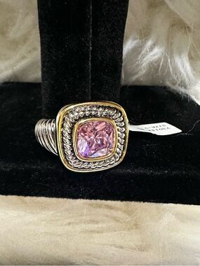 Silver Pink Cushion-Cut Stone Rope-Accent Ring - Mixed Metals Size 8
